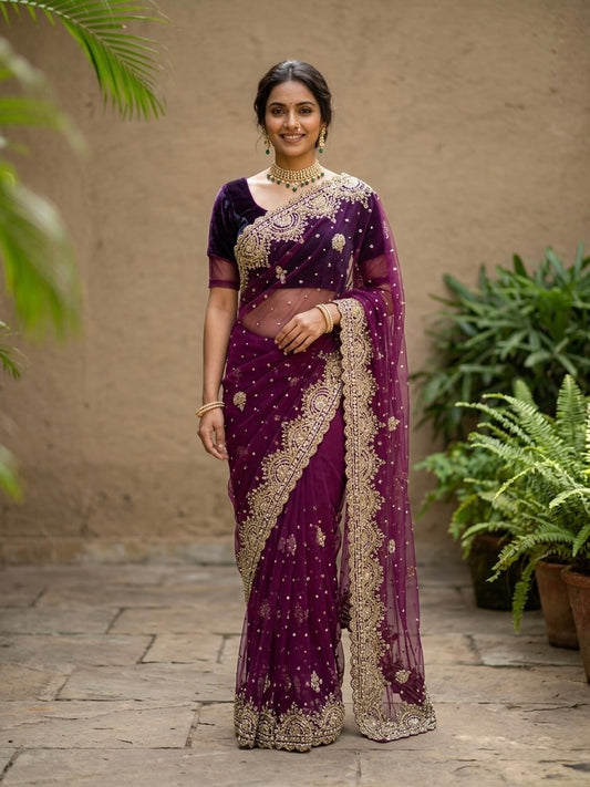 Plum Purple Net Embroidery Sari Set