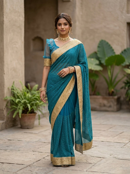 Turquoise Net Embroidery Sari Set