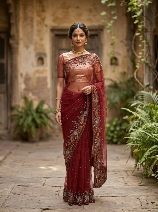 Maroon Net Embroidery Sari Set