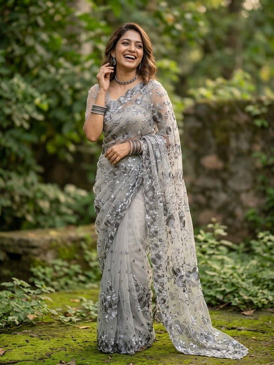 Grey Net Emboidery Sari Set