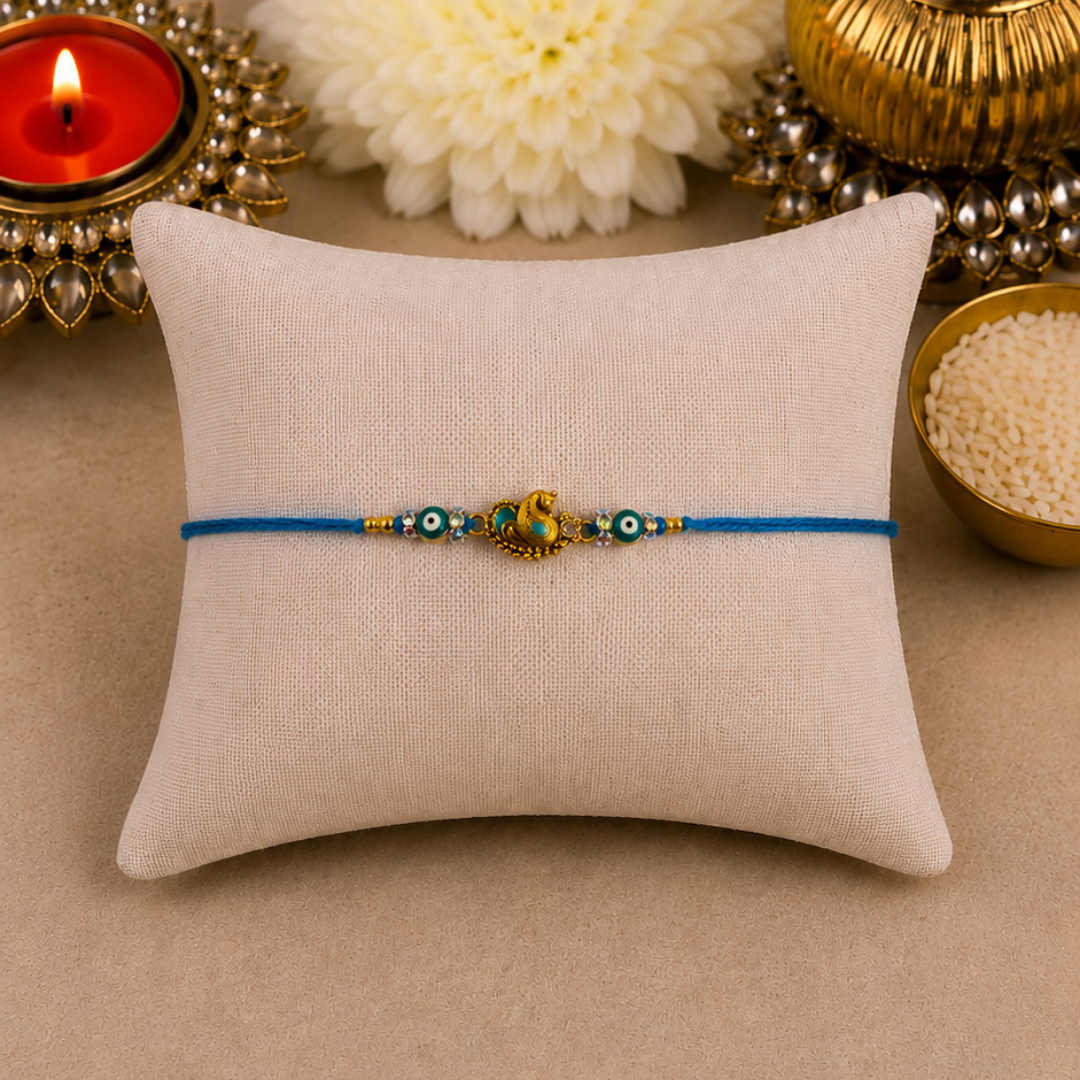 Light Blue Peacock with Evil Eye Designer Rakhi