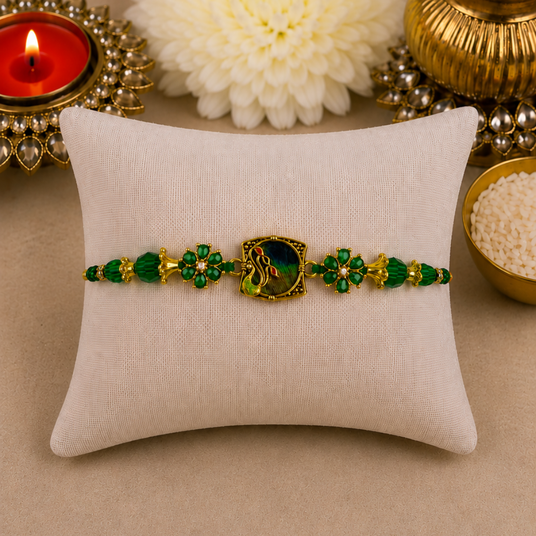 Peacock Feather with Green Kundan Flower Designer Rakhi