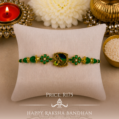 Peacock Feather with Green Kundan Flower Designer Rakhi