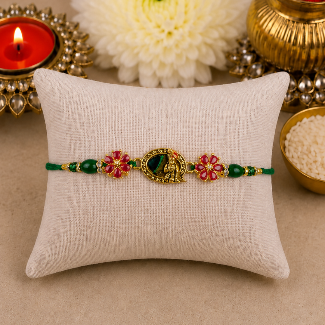 Peacock Feather with Pink Kundan Flower Designer Rakhi