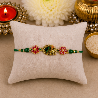 Peacock Feather with Pink Kundan Flower Designer Rakhi
