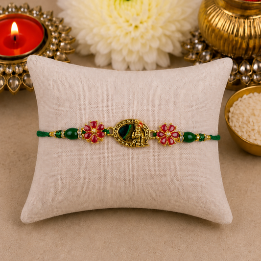Peacock Feather with Pink Kundan Flower Designer Rakhi