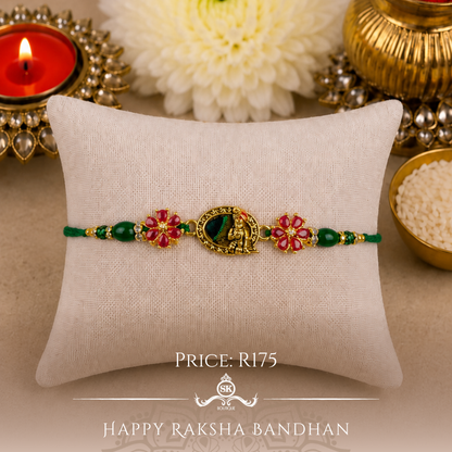 Peacock Feather with Pink Kundan Flower Designer Rakhi