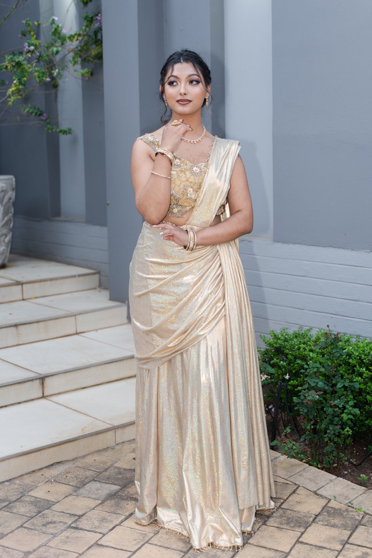 Gold Shimmer Draped Sari Set