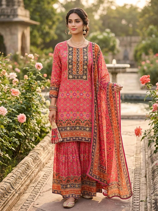 Pink Printted Crepe Sharara Set