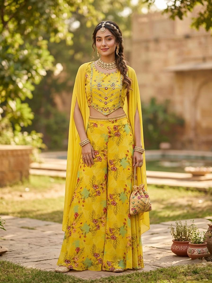 Yellow Printed Georgette Sharara Set