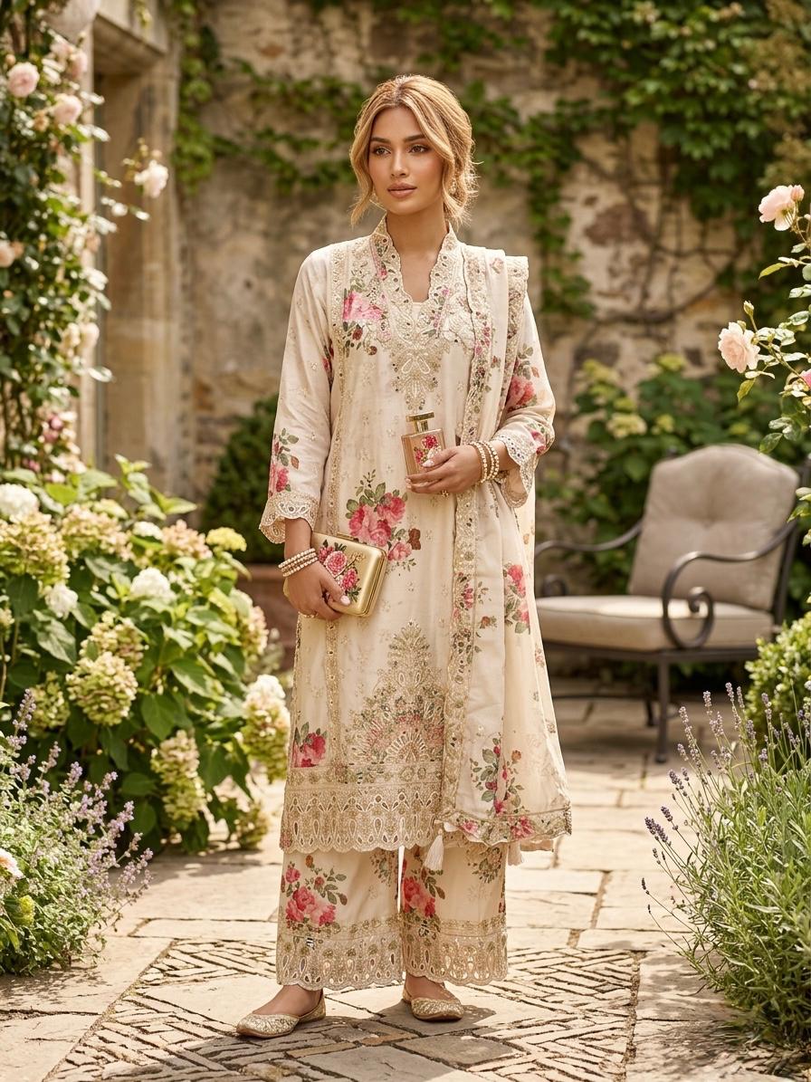 Cream Floral Printed Crepe Sharara Set