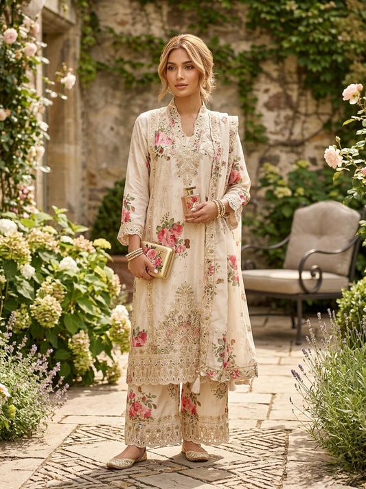 Cream Floral Printed Crepe Sharara Set