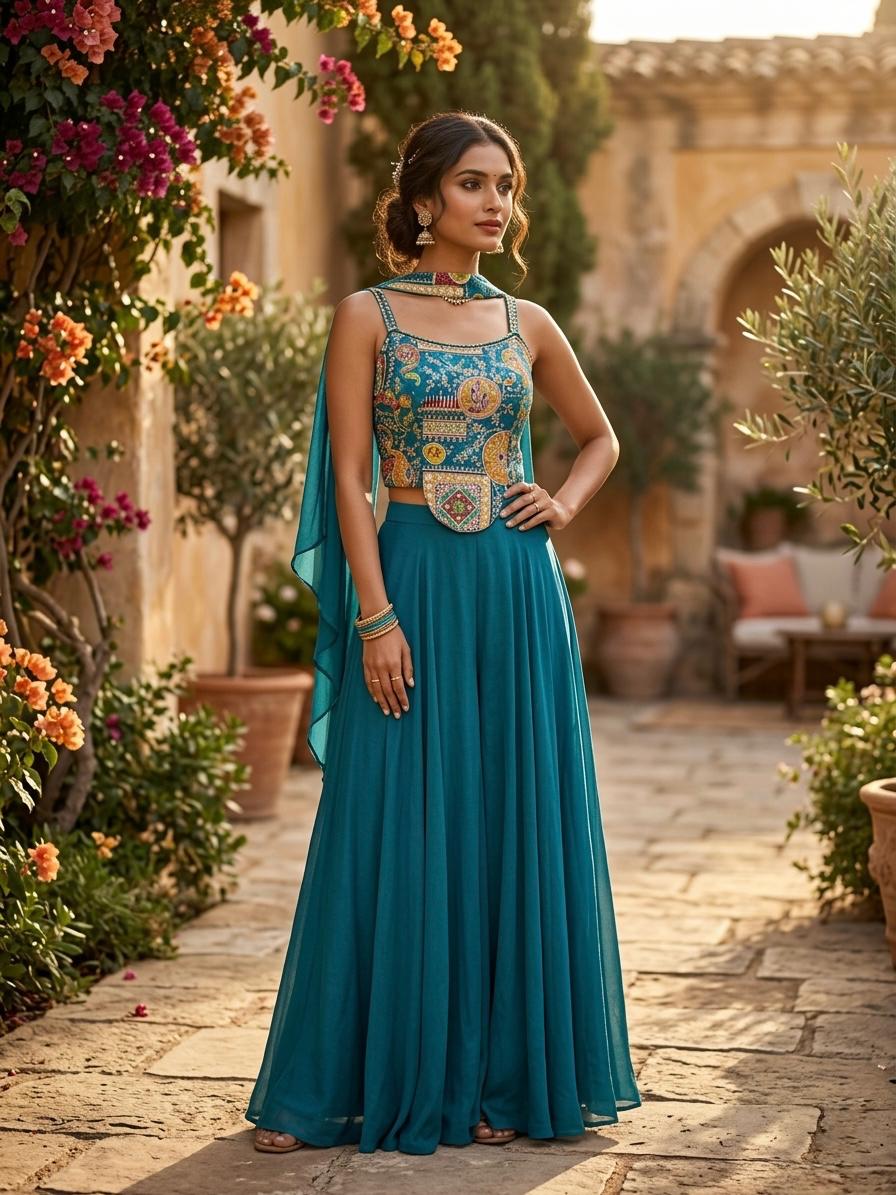 Blue Brocade Patch Work Sharara Set
