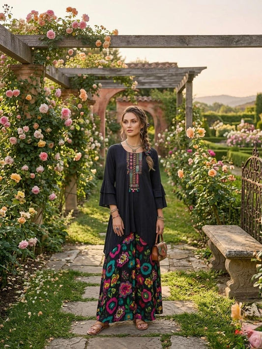 Black Printed Crepe Kaftan Set