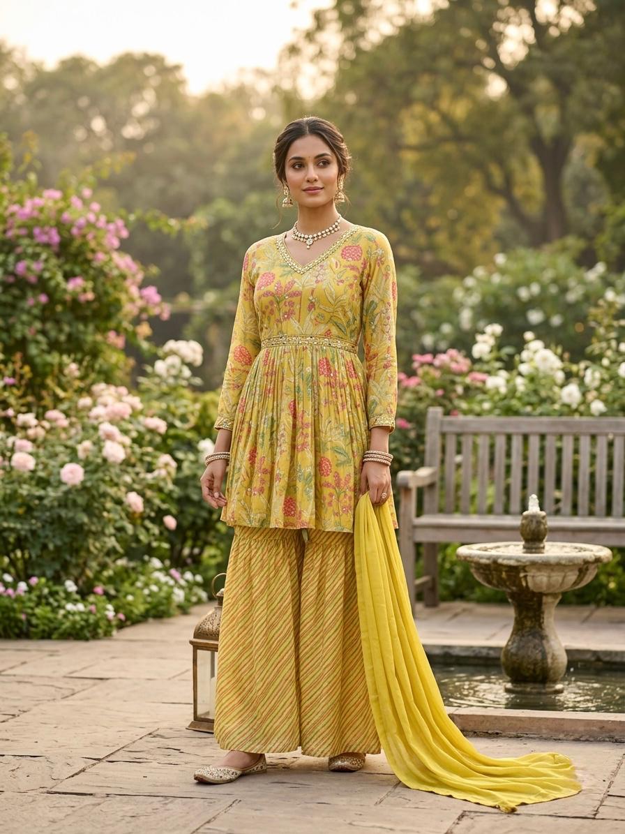 Yellow Floral Printed Georgette Sharara Set
