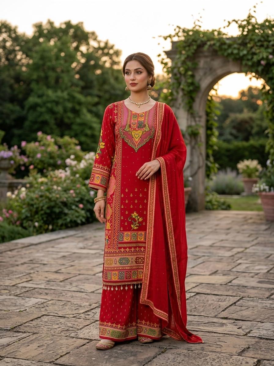 Red Floral Printed Crepe Sharara Set