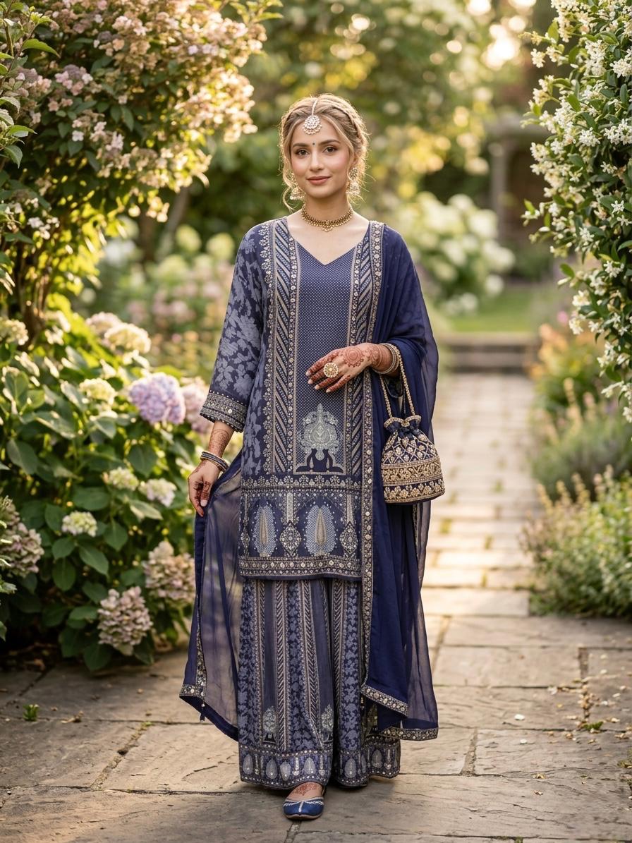 Ink Blue Printed Crepe Shara Set