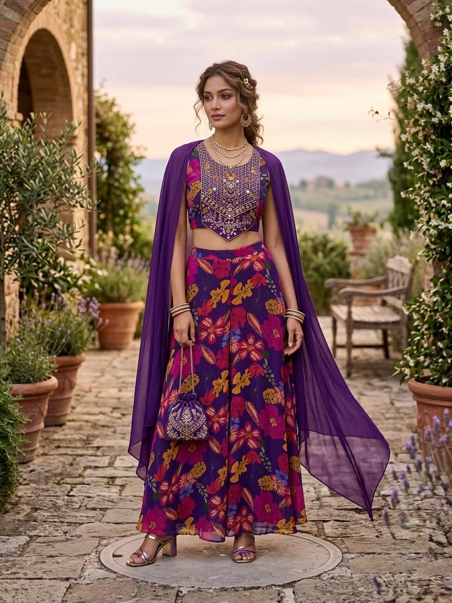 Purple Georgette Plazo Set