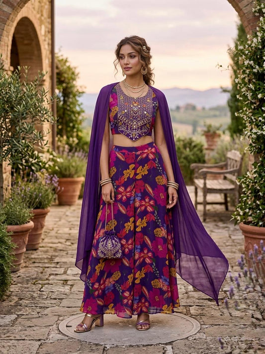 Purple Georgette Plazo Set
