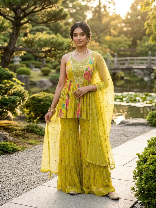 Yellow Floral Printed Gerorgette Sharara Set
