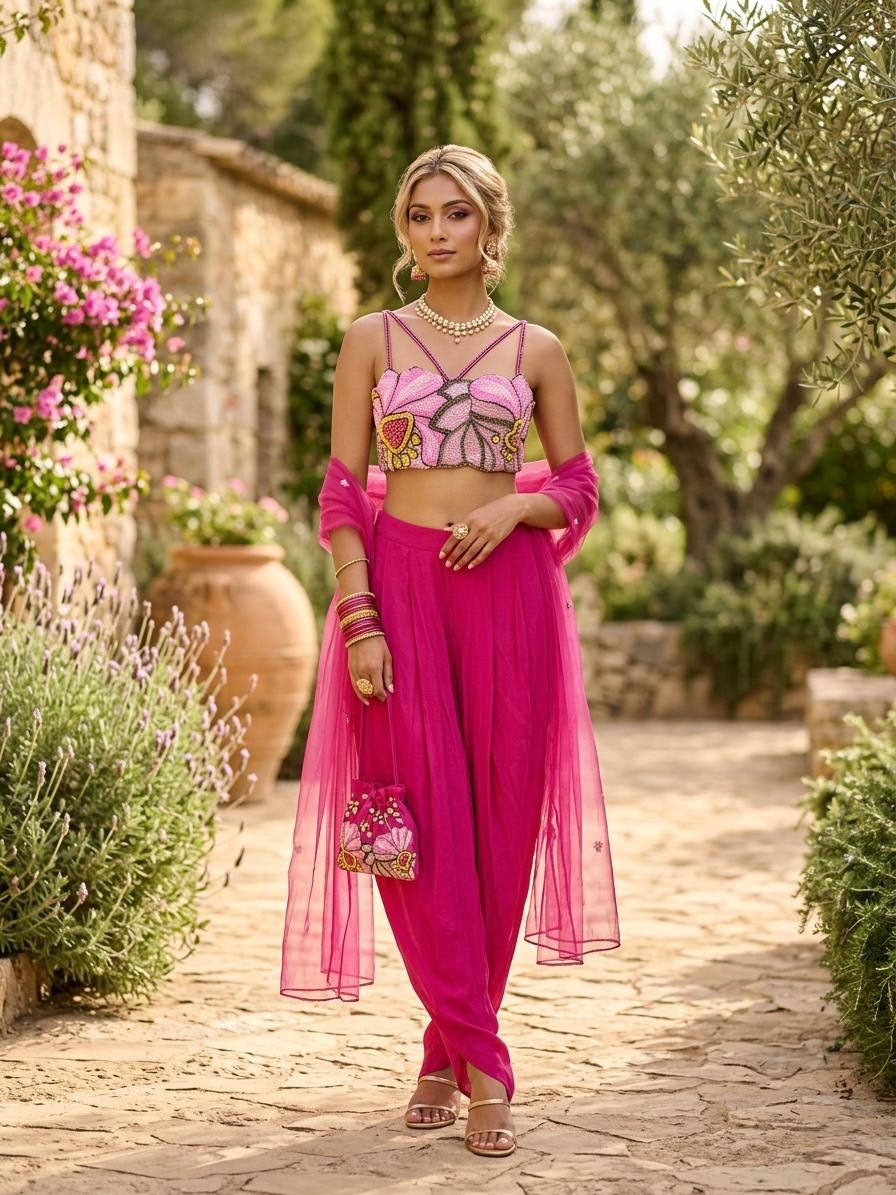 Pink Floral Beaded Dhoti Set
