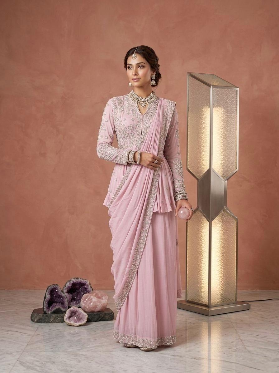 Dusty Pink Handwork Jacket Sari Set