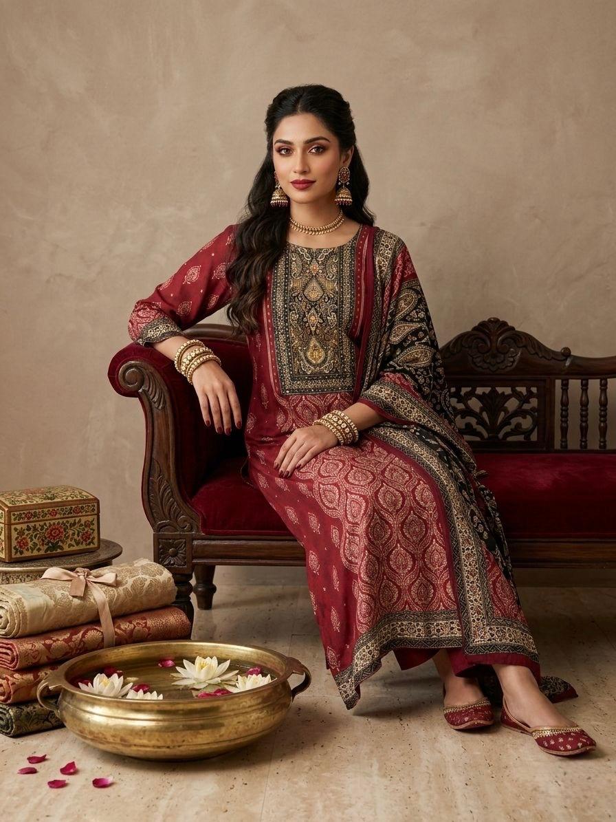 Red Printed Crepe Punjabi Set (Copy)