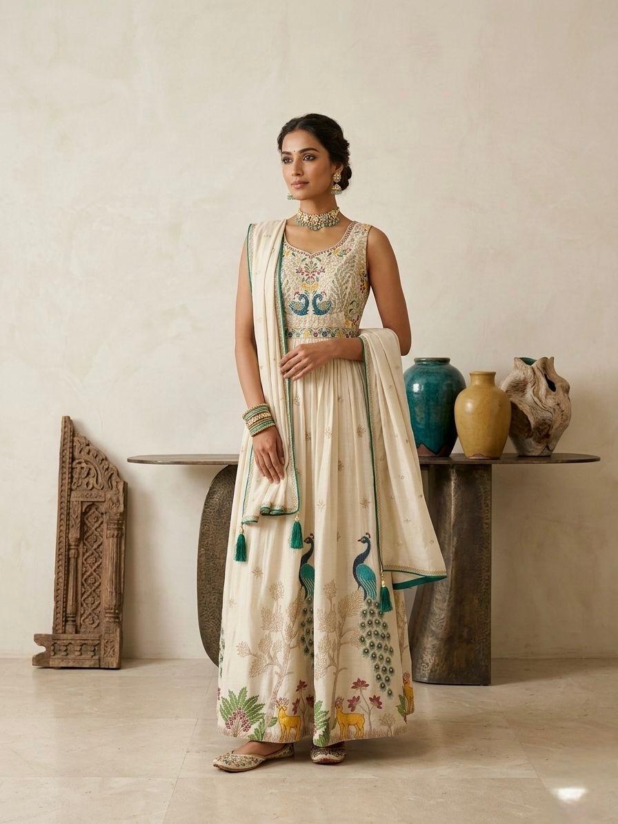 Cream Peacock Anarkali Set