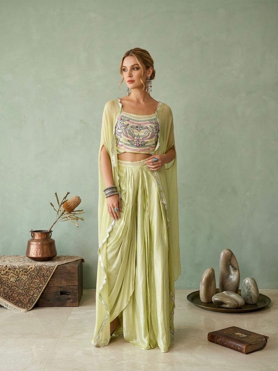 Lime Green Beaded Chiffon Indo Western Cape Set