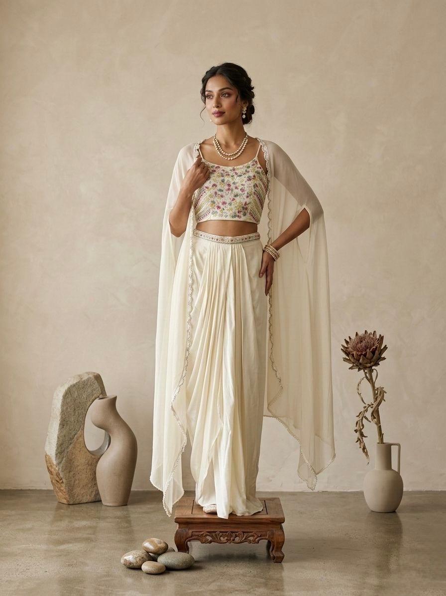 Off White Beaded Chiffon Indo Western Cape Set