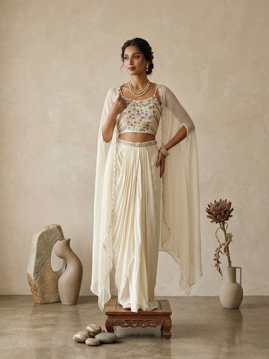 Off White Beaded Chiffon Indo Western Cape Set