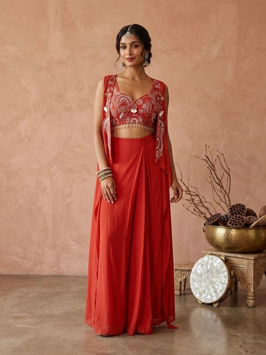 Burnt Orange Beaded Indo Western Cape Set