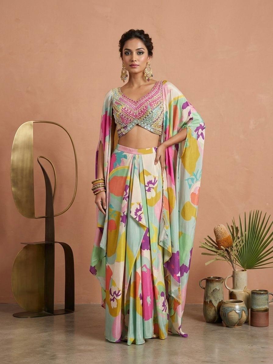 Pastel Printed Indo Western Cape Set
