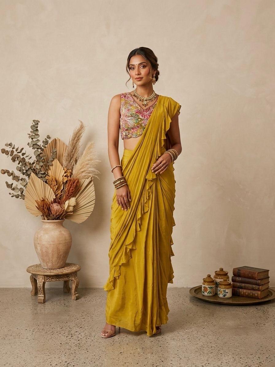 Mustard Pre-Draped Crepe Sari Set