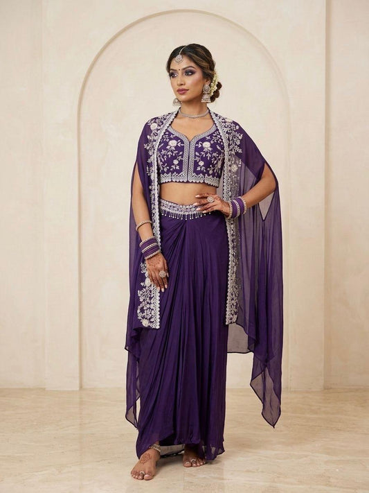 Purple Floral Indo Western Cap Set
