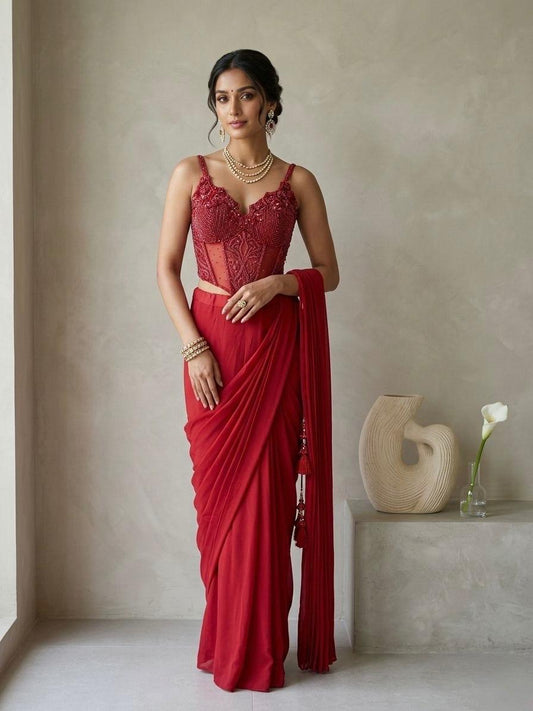 Red Corset Pre-Draped Sari Set