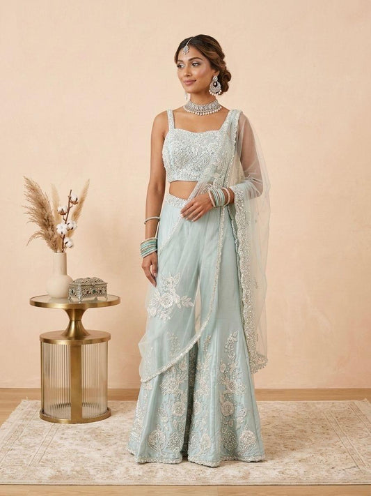 Sky Blue Kardana Embroidery Sharara Set