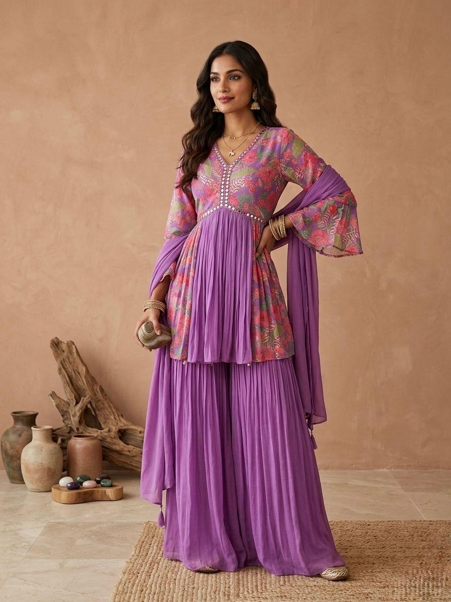 Purple Floral Printed Georgette Sharara Set
