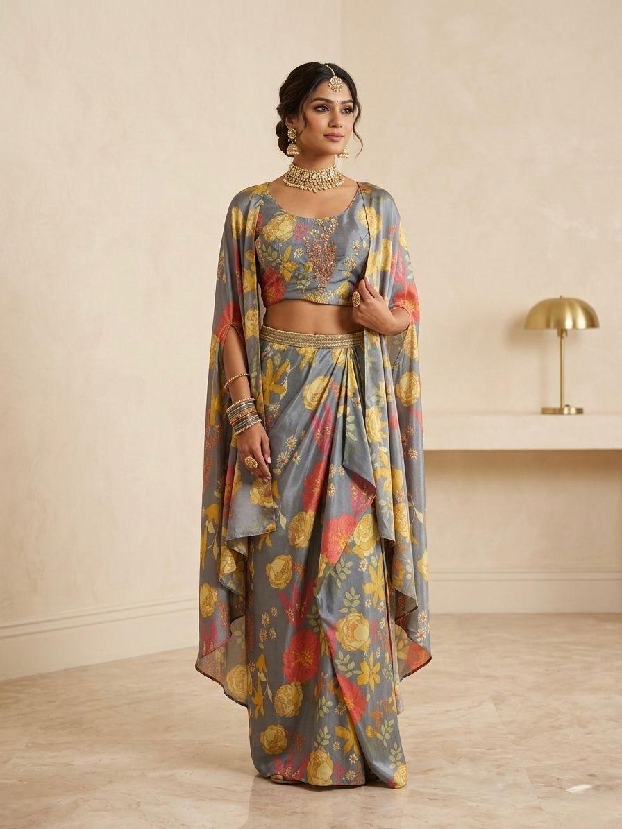 Grey Floral Printed Indo Western Cape Set