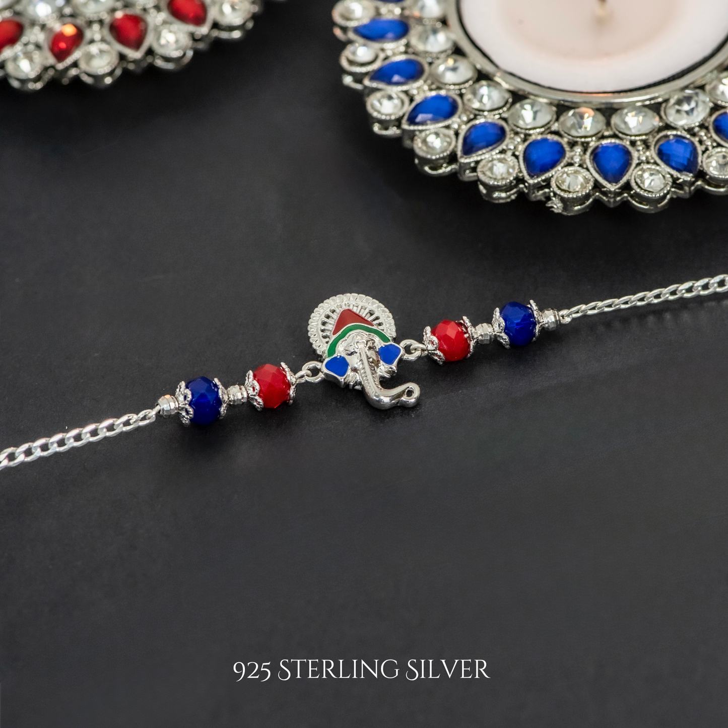 Blue Colourful Ganesh 925 Sterling Silver Designer Rakhi Bracelet