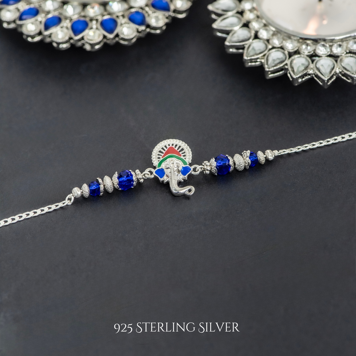 Blue Colourful Ganesh 925 Sterling Silver Designer Rakhi Bracelet