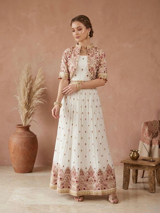 White Embroidery Jacket Anarkali Set