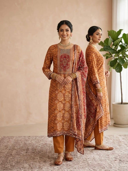 Burnt Orange Printer Crepe Punjabi Set