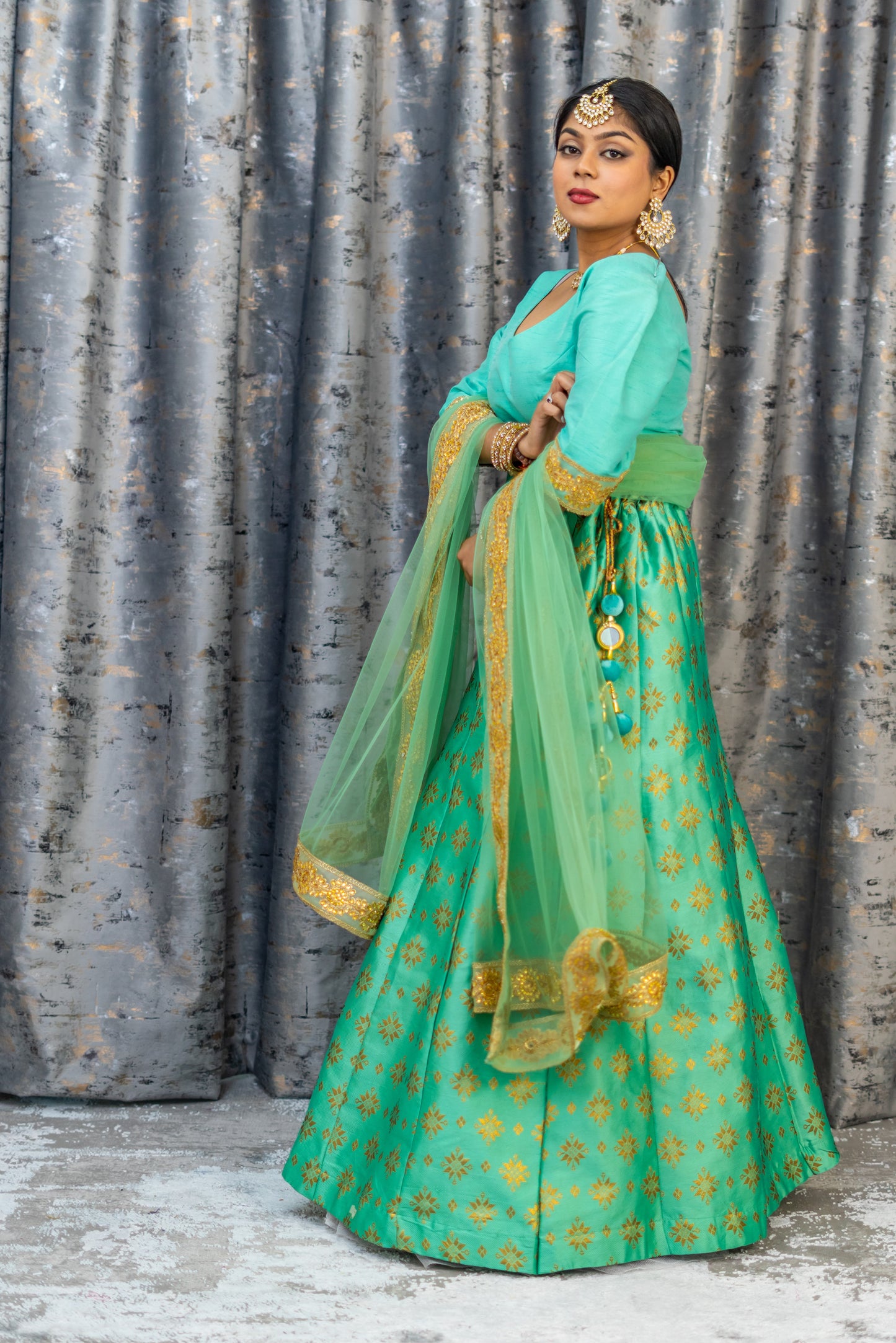 Teal Brocade Lehenga Set