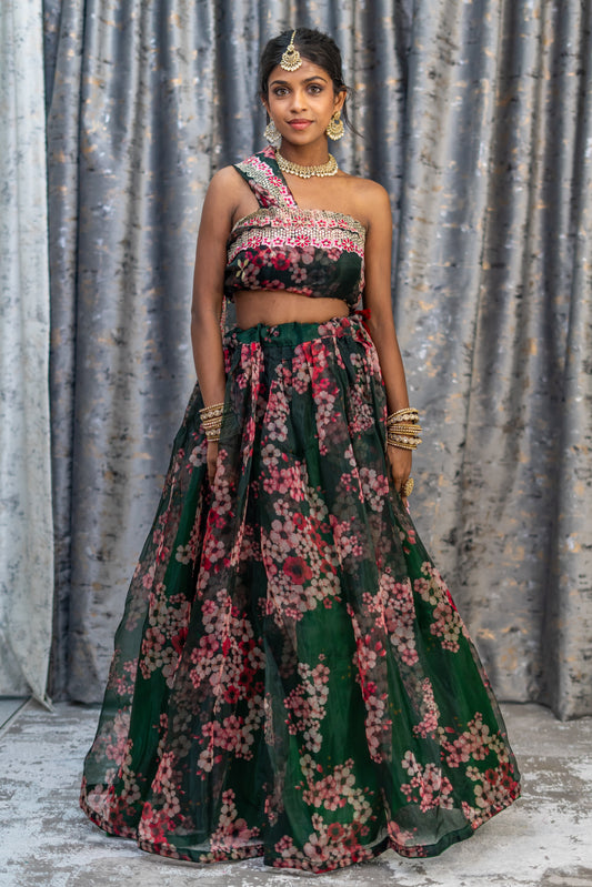 Unstitched Green Floral Organza Unstitched Lehenga Set