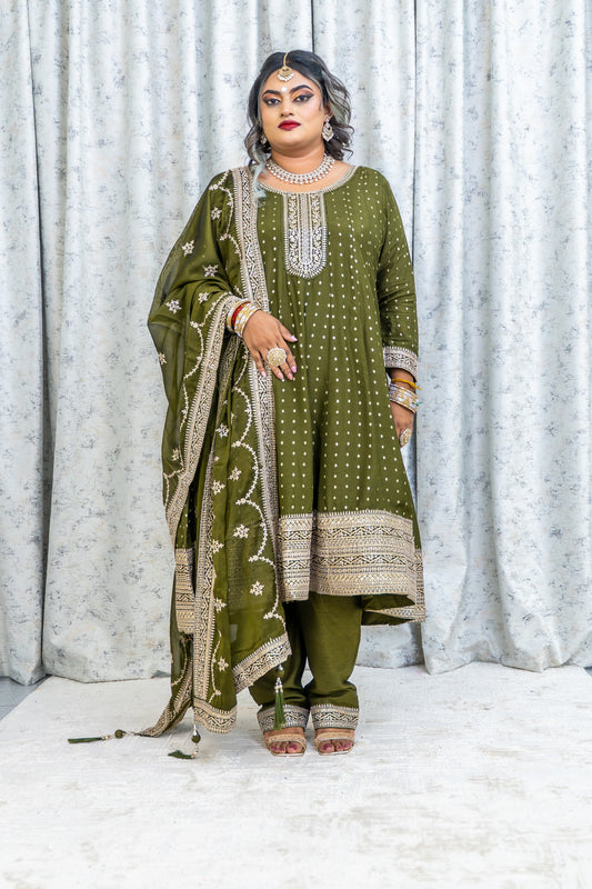 Mehendi Green Chinon Silk Punjabi Set With Embroidery