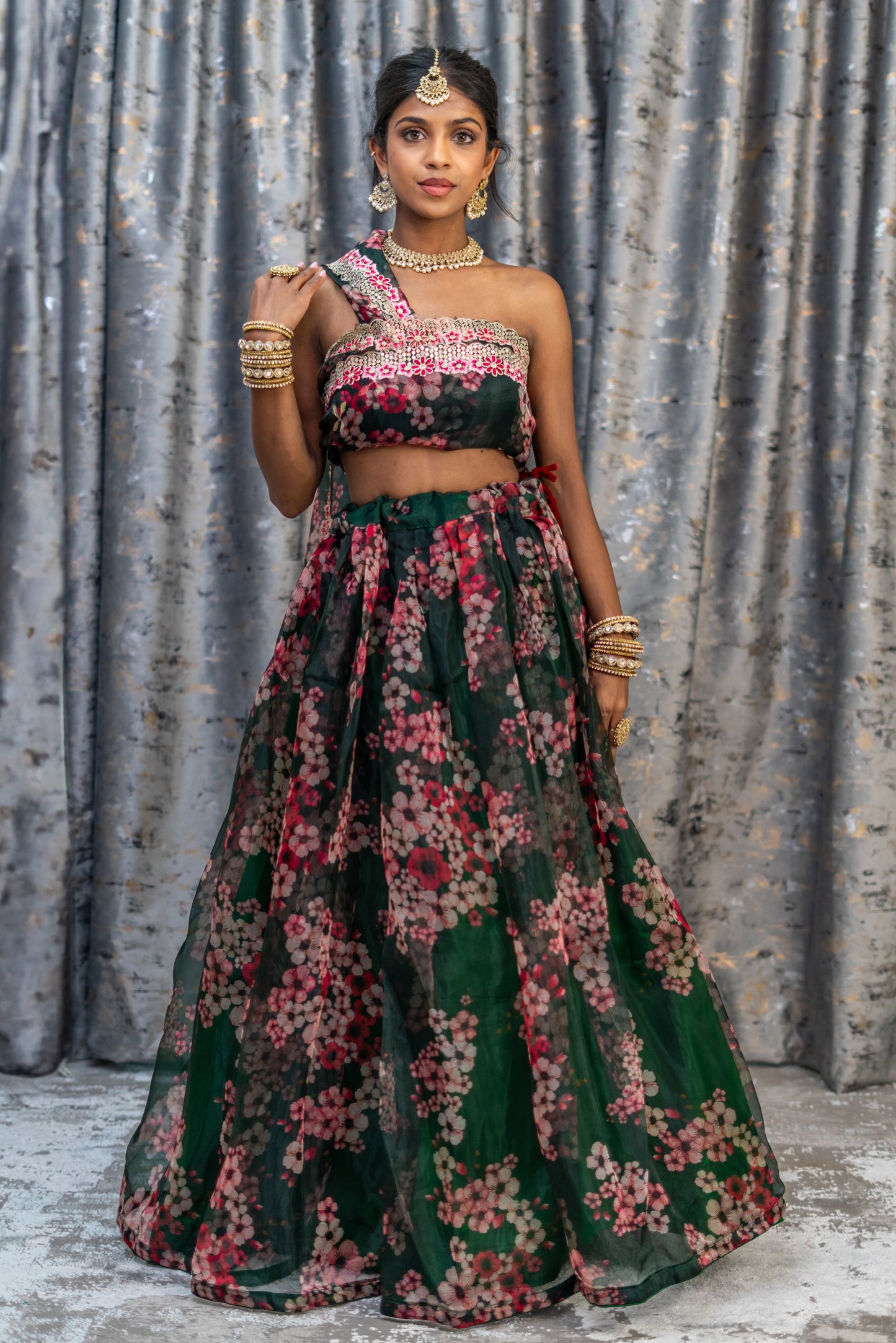 Unstitched Green Floral Organza Unstitched Lehenga Set