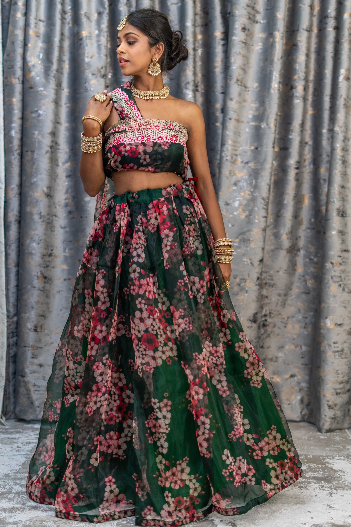Unstitched Green Floral Organza Unstitched Lehenga Set
