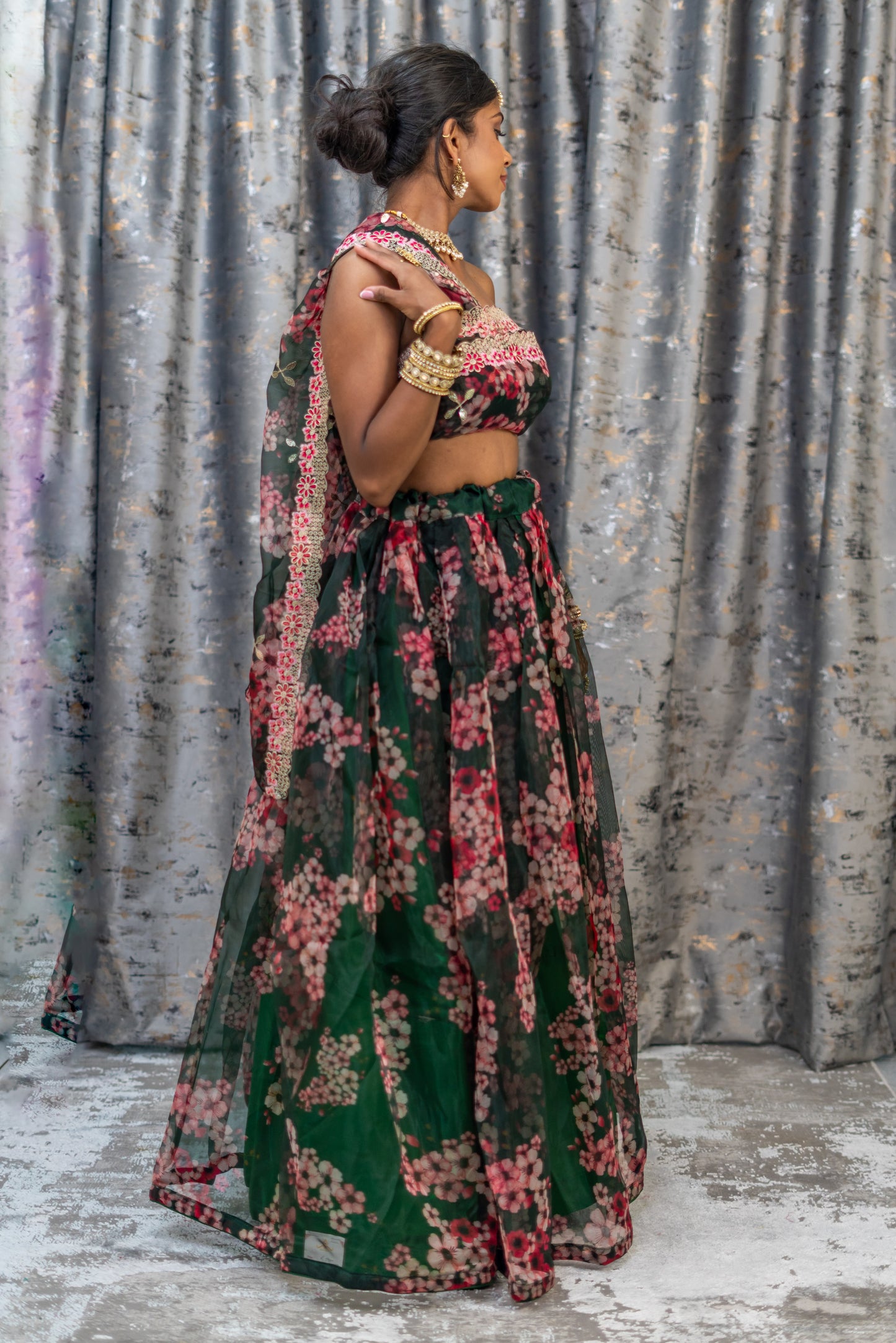 Unstitched Green Floral Organza Unstitched Lehenga Set