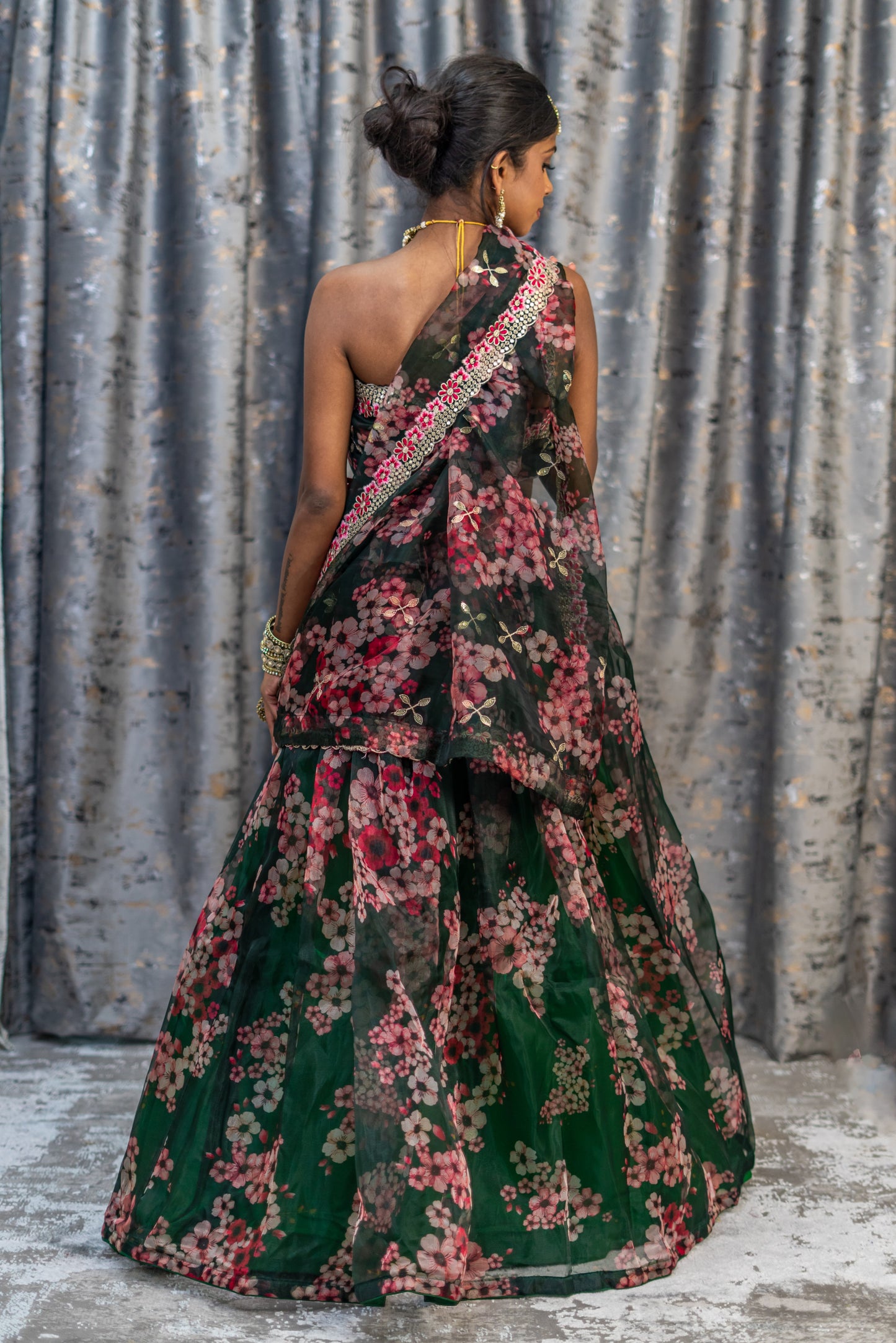 Unstitched Green Floral Organza Unstitched Lehenga Set